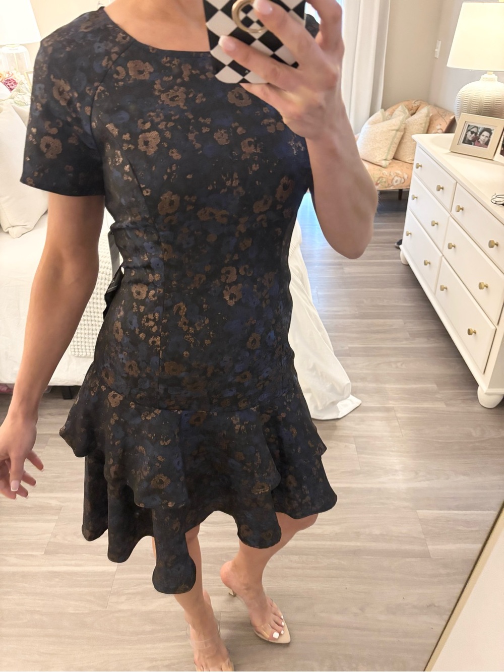 ✨ SHANI Collection Navy & Bronze Floral Jacquard Tiered Flounce Dress ✨